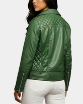 Women Leather Biker Jacket with Quilt Detail Aurora Green